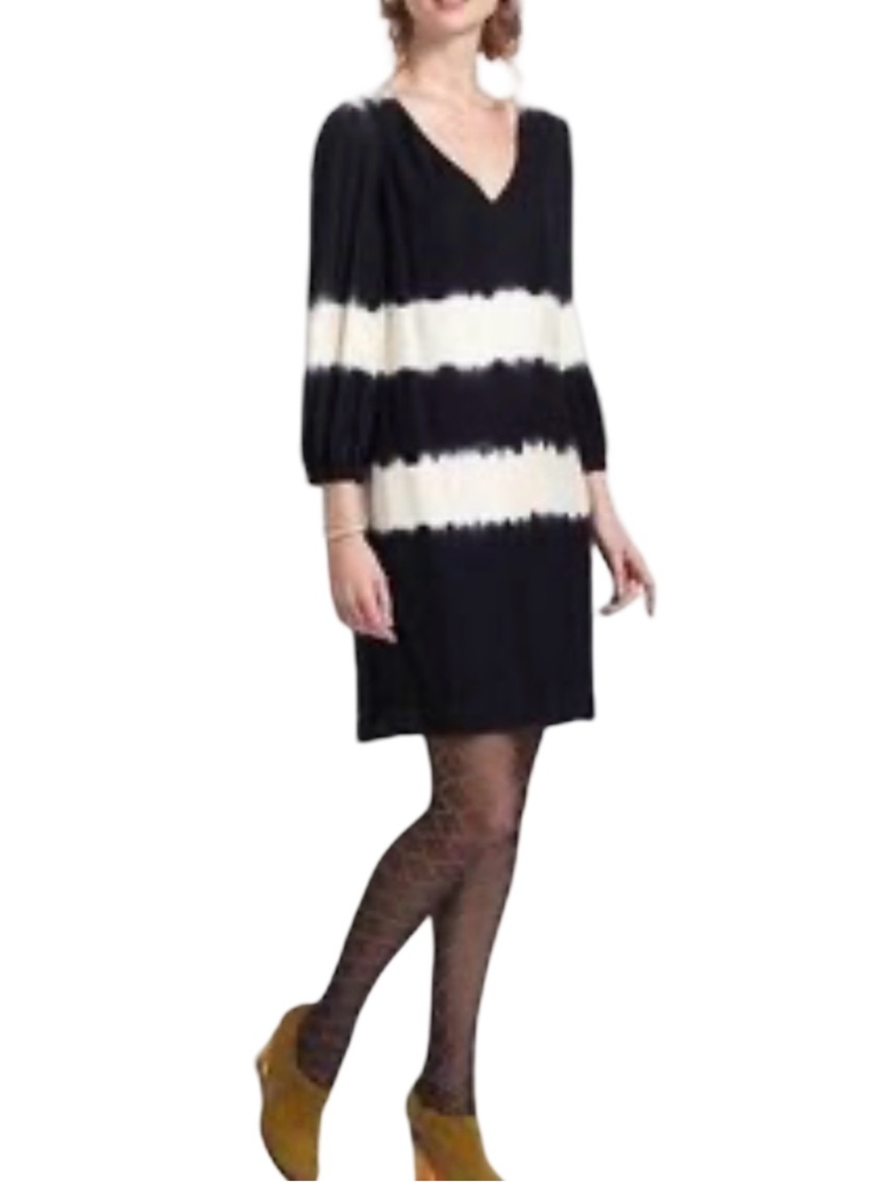 Anthropologie Floreat | Women’s White & Black Tie Dye Midi V-Neck Dress | 8
